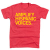 Red union-labor T-shirt featuring the text AMPLIFY HISPANIC VOICES printed in yellow.