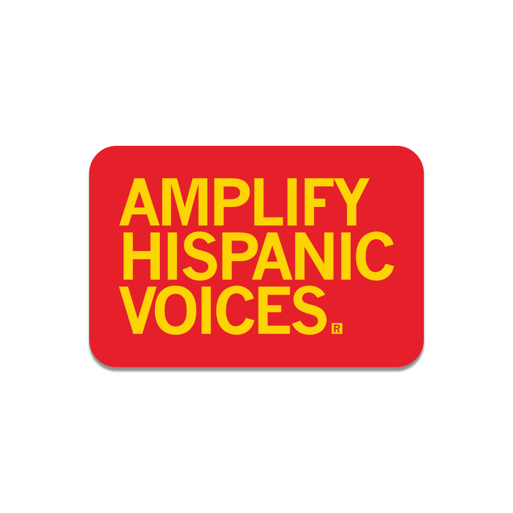 Red rectangular die-cut vinyl sticker with the yellow text AMPLIFY HISPANIC VOICES and a registered trademark symbol.