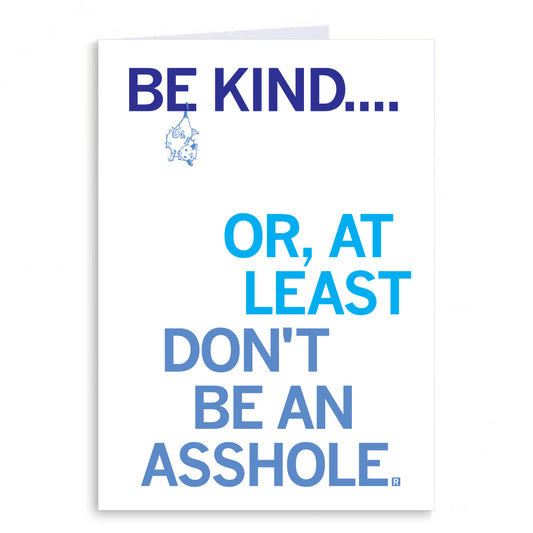 Greeting card featuring a cat hanging from a string and the text, BE KIND.... OR, AT LEAST DONT BE AN ASSHOLE. This blank inside, made in USA card offers a humorous message.
