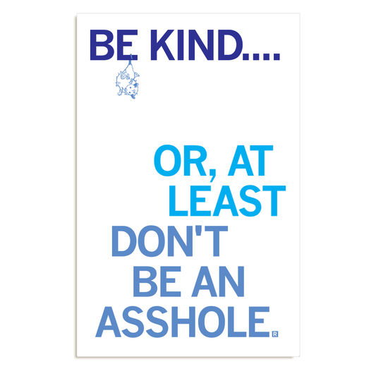 A union printed RAYGUN poster on a white background that reads, BE KIND.... OR, AT LEAST DONT BE AN ASSHOLE, with a small illustration of a hanging cat.