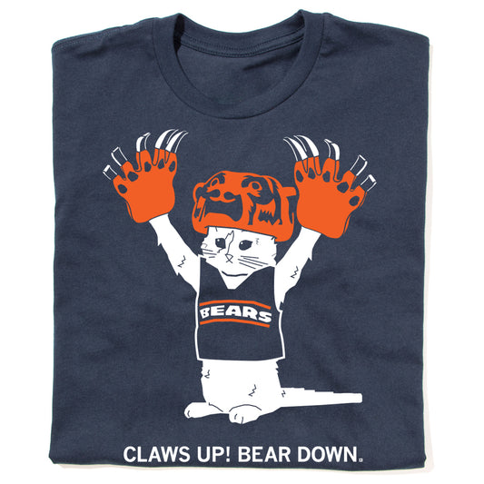 Navy blue, union-made RAYGUN t-shirt featuring a cat wearing a mascot headpiece and a BEARS jersey, with the text CLAWS UP! BEAR DOWN. below it.