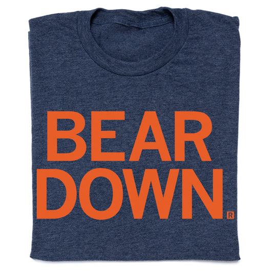 Heather denim T-shirt in navy blue featuring the text BEAR DOWN printed in large orange block letters.