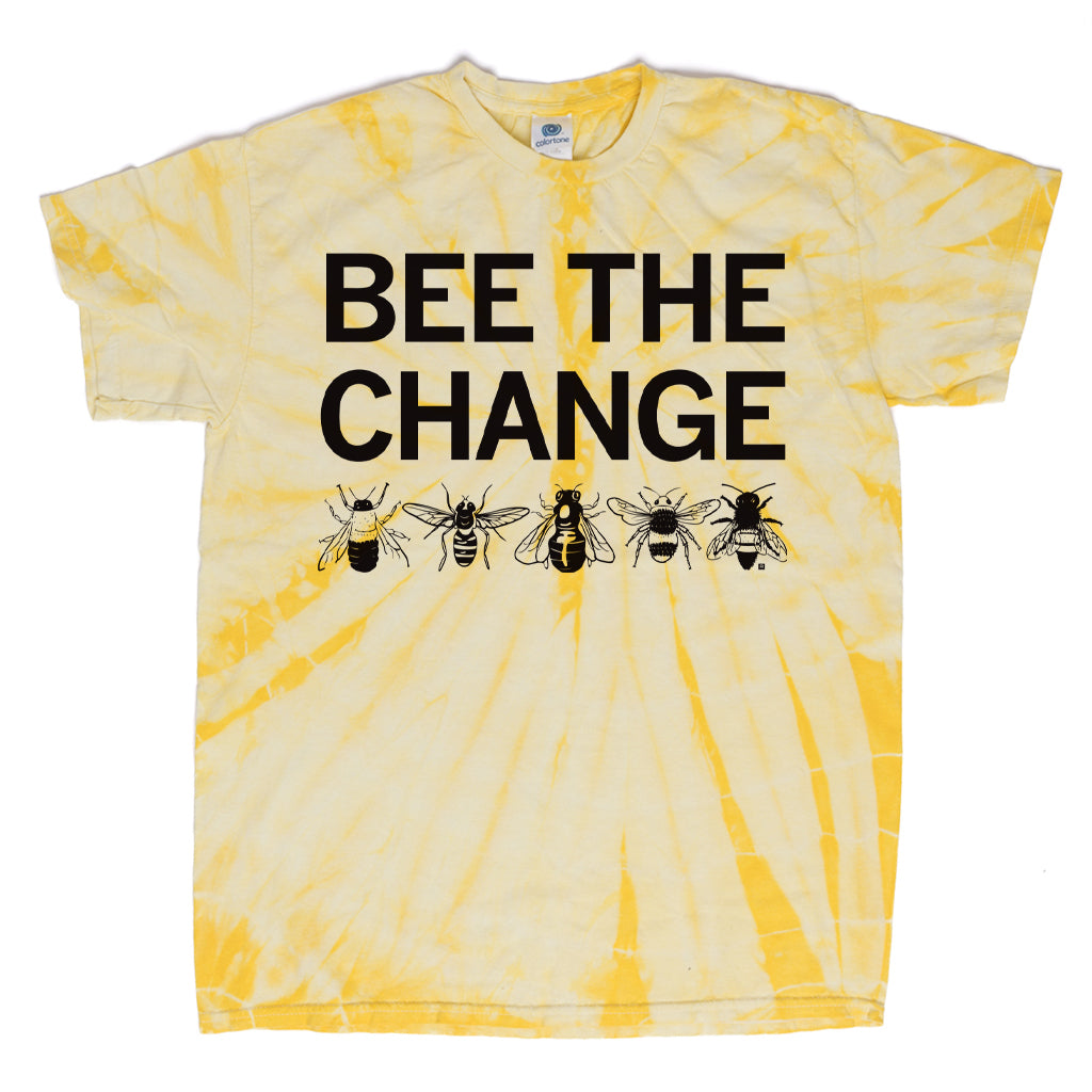 Yellow tie-dyed t-shirt with the text BEE THE CHANGE above a row of five different bee illustrations.