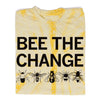 Yellow, sweatshop-free tie-dye t-shirt with the text BEE THE CHANGE above illustrations of five different bees.