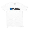 White union-made t-shirt featuring a blue circle icon followed by the text MAHA.