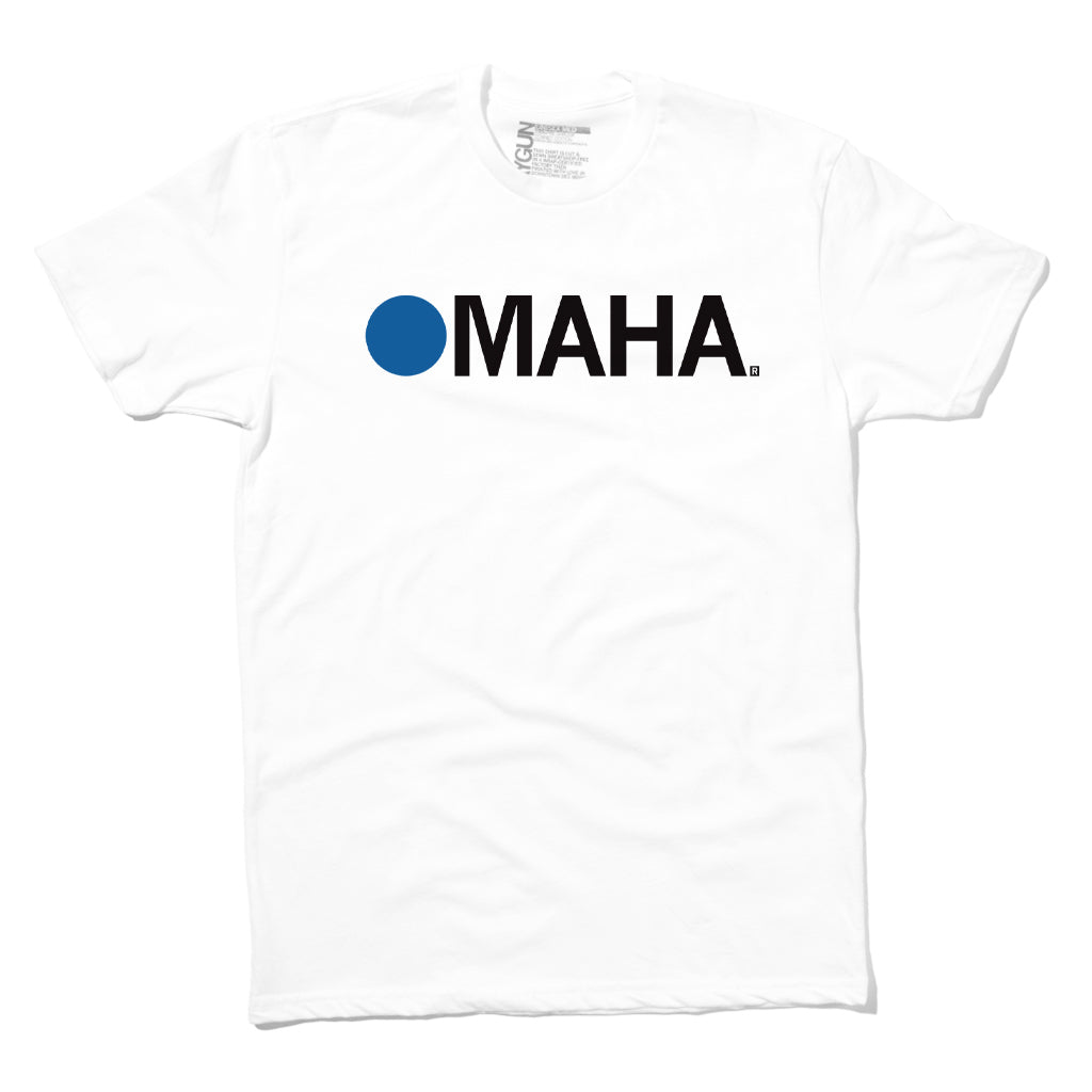 White union-made t-shirt featuring a blue circle icon followed by the text MAHA.