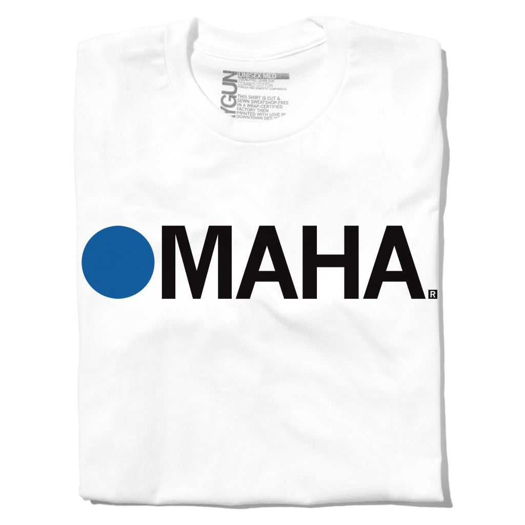 White Omaha T-shirt featuring a blue circle followed by the word MAHA in black capital letters.