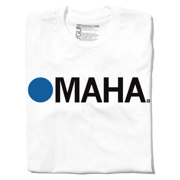 White Omaha T-shirt featuring a blue circle followed by the word MAHA in black capital letters.