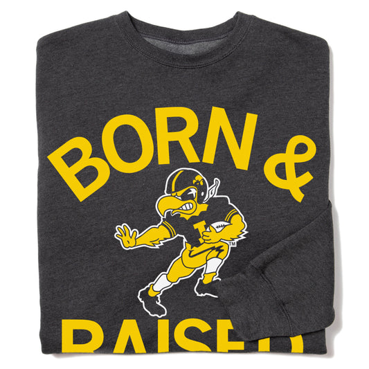 Dark grey officially licensed Hawkeye sweatshirt with BORN & RAISED in yellow text surrounding a cartoon football-playing hawk mascot.