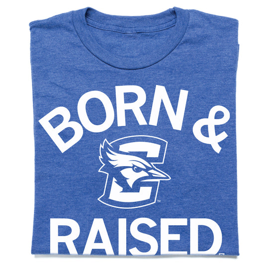 Heather royal blue T-shirt featuring a blue jay logo and the text BORN & RAISED in the center.