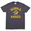Dark gray, union-made Hawkeye t-shirt with short sleeves, featuring BORN & RAISED printed in yellow text surrounding a cartoon football player mascot.