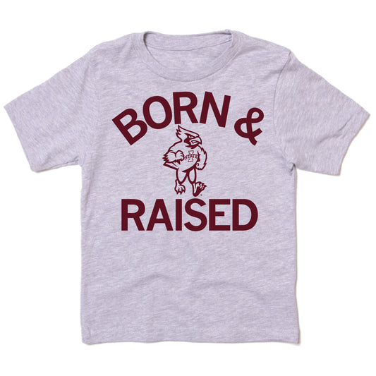Light gray Iowa State shirt with maroon BORN & RAISED text and the Cy mascot in the center, featuring a cardinal screen print.