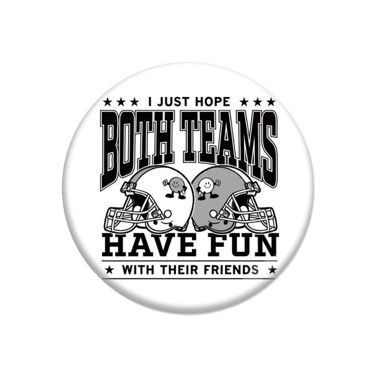 A circular RAYGUN button graphic featuring two football helmets with smiley-face characters, surrounded by the text: I just hope both teams have fun with their friends.