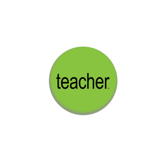 A bright green RAYGUN button with the word teacher printed in black lowercase letters.