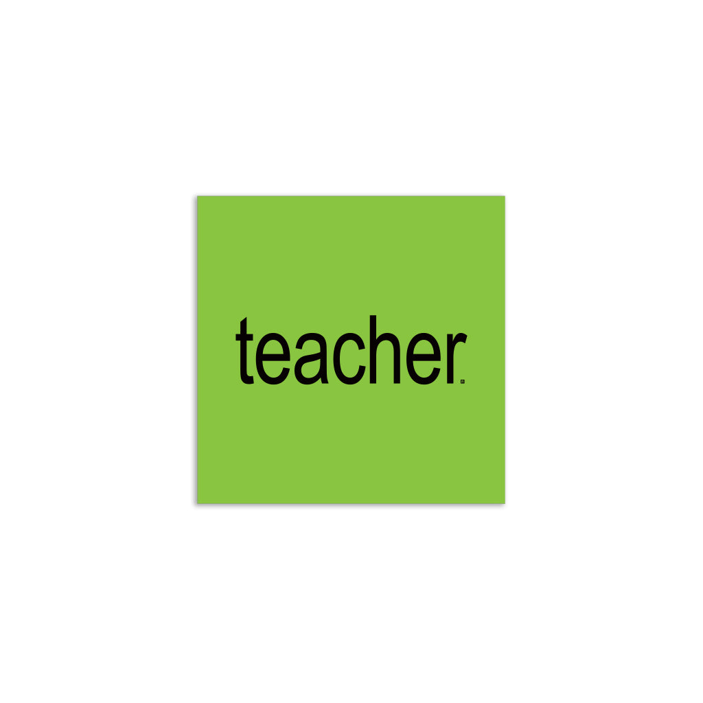 The word teacher in black lowercase letters centered on a light green square vinyl sticker.
