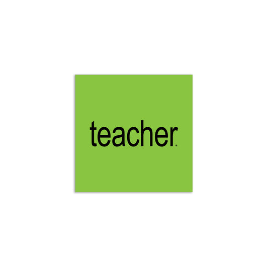 The word teacher in black lowercase letters centered on a light green square vinyl sticker.