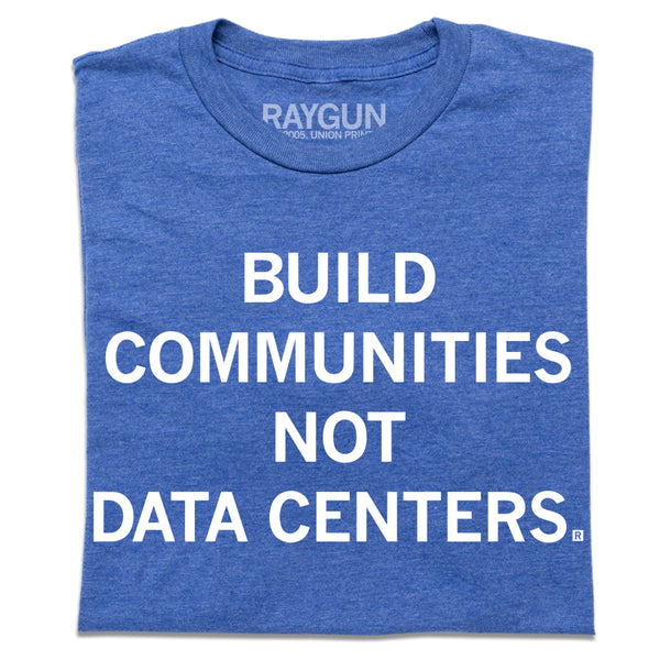 A folded heather royal blue t-shirt with centered white text that says, 