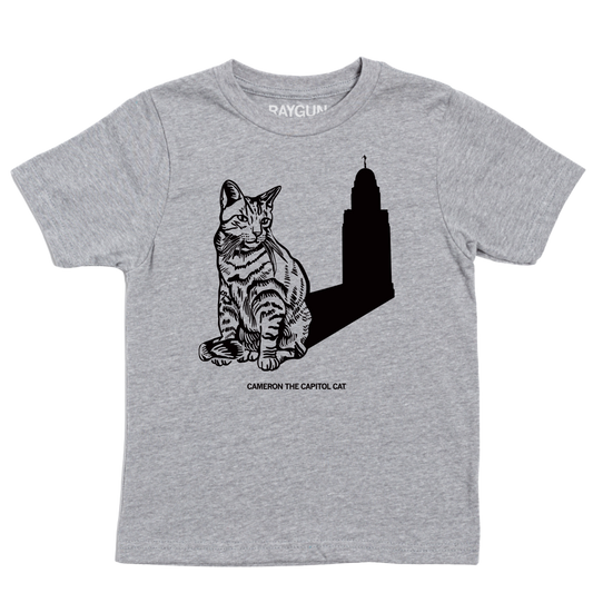 Heather gray t-shirt featuring a black graphic of a cat sitting in the shadow of the Iowa State Capitol building, with the text CAMERON THE CAPITOL CAT printed below.