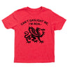 Red union made T-shirt featuring a black graphic of a dragon and the text, CANT GASLIGHT ME, IM REAL.