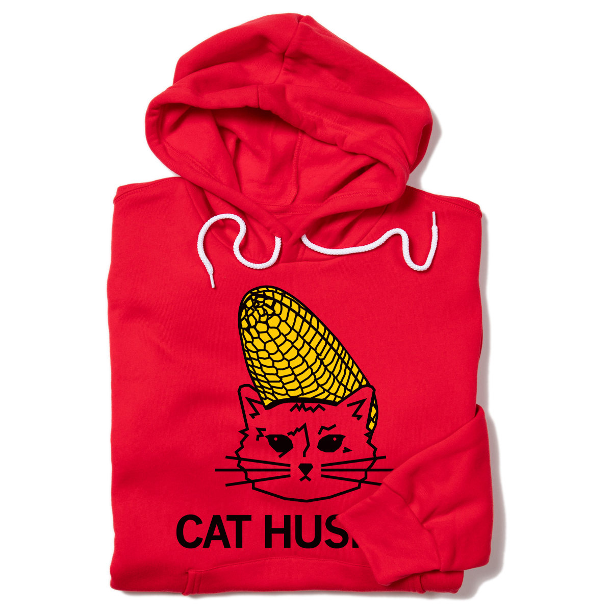 A red RAYGUN pullover hoodie featuring a graphic of a cat with a corn cob on its head and the text CAT HUS.