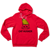 A red RAYGUN pullover hoodie featuring a graphic of a cat wearing a corn cob on its head, labeled CAT HUSKER.