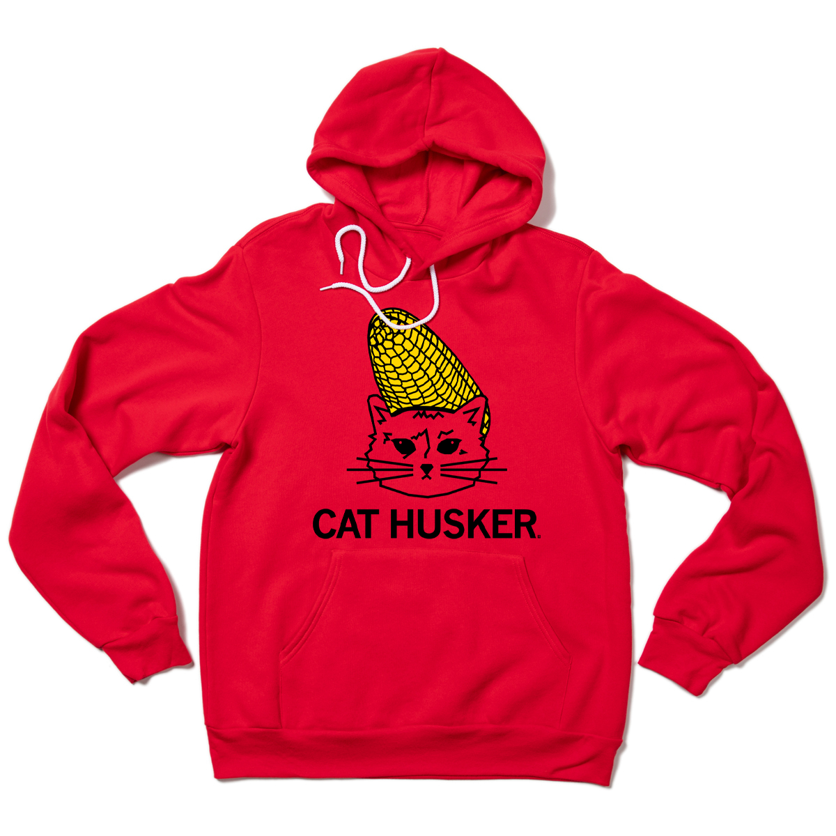 A red RAYGUN pullover hoodie featuring a graphic of a cat wearing a corn cob on its head, labeled CAT HUSKER.