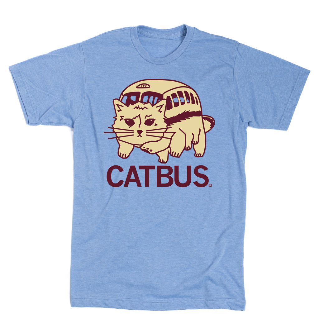 Light blue RAYGUN apparel t-shirt featuring a graphic of a Catbus with the text CATBUS underneath in maroon.