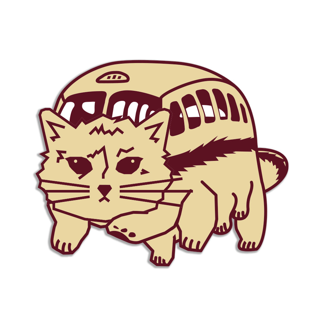 A stylized RAYGUN vinyl sticker illustration of a Catbus with a cat’s face and multiple legs, rendered in beige and dark red outlines.