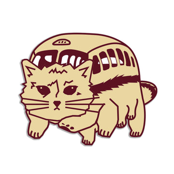 A stylized RAYGUN vinyl sticker illustration of a Catbus with a cat’s face and multiple legs, rendered in beige and dark red outlines.