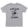 Heather grey t-shirt featuring Gary the Cat as a cartoon basketball player wearing a jersey numbered 22, with the text CAT-LIN CLARK and Totally Paw-esome!.