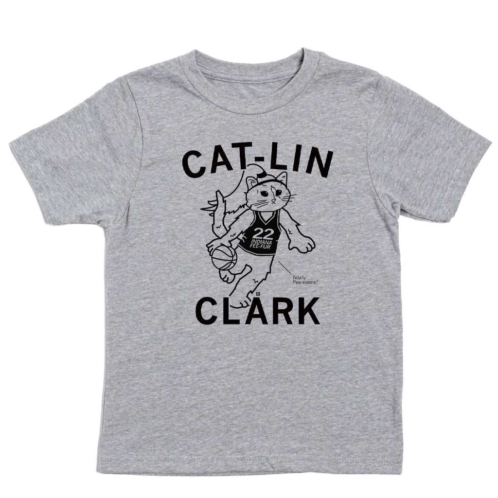 Heather grey t-shirt featuring Gary the Cat as a cartoon basketball player wearing a jersey numbered 22, with the text CAT-LIN CLARK and Totally Paw-esome!.