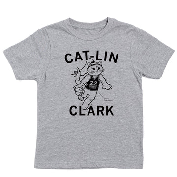 Heather grey t-shirt featuring Gary the Cat as a cartoon basketball player wearing a jersey numbered 22, with the text CAT-LIN CLARK and Totally Paw-esome!.