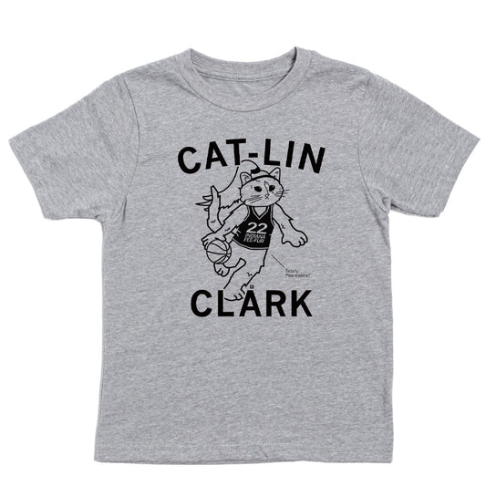 Heather grey t-shirt featuring Gary the Cat as a cartoon basketball player wearing a jersey numbered 22, with the text CAT-LIN CLARK and Totally Paw-esome!.