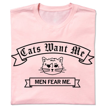 Light pink union-made t-shirt featuring a black graphic of a cat face between two banners that read Cats Want Me and MEN FEAR ME.