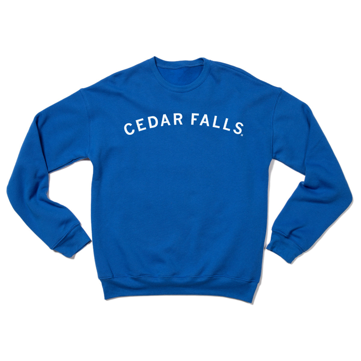 Blue union-made crewneck sweatshirt with CEDAR FALLS printed in white letters across the chest.