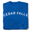 Blue union-made crewneck sweatshirt with CEDAR FALLS printed in white arching text across the chest.