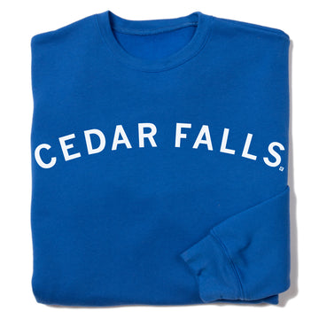 Blue union-made crewneck sweatshirt with CEDAR FALLS printed in white arching text across the chest.