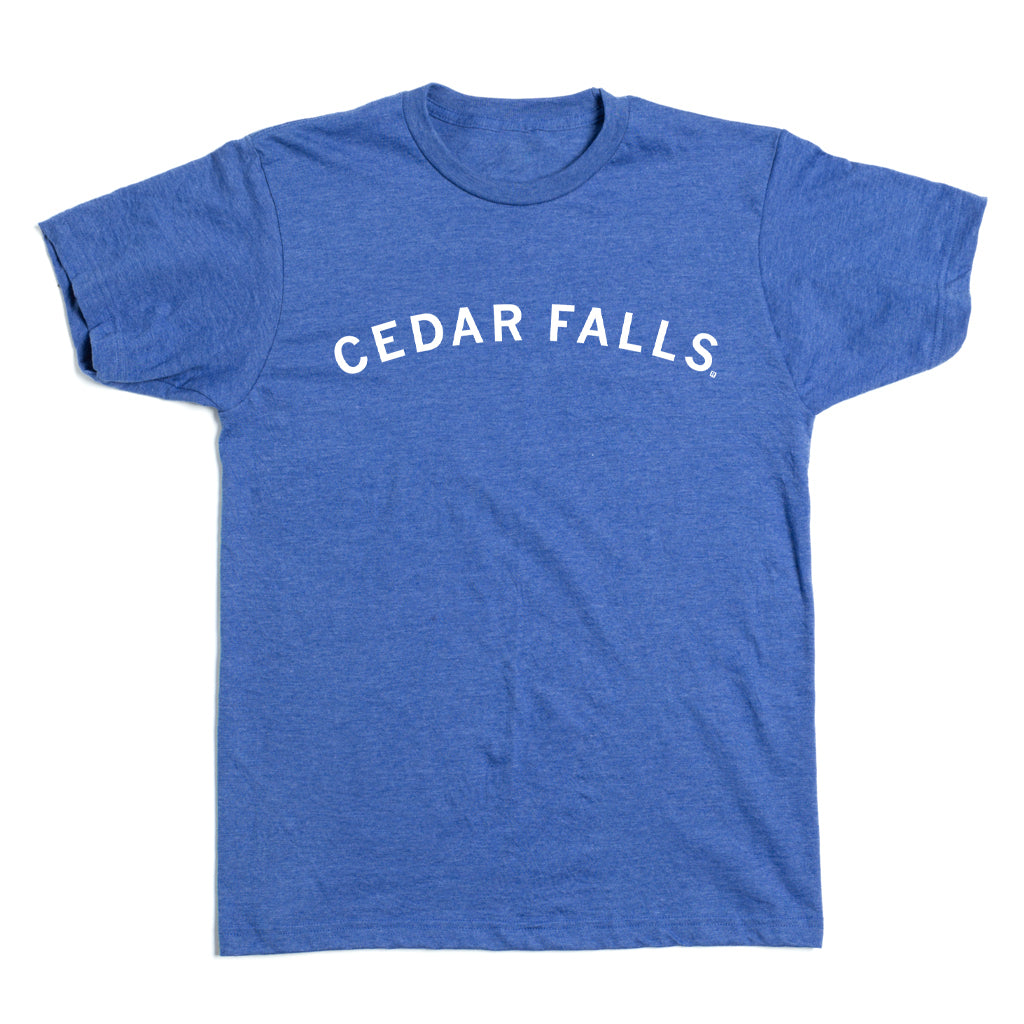 Heather royal, short-sleeved t-shirt with CEDAR FALLS printed in white text across the chest.