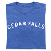 Heather royal crew-neck T-shirt with the text CEDAR FALLS printed in white across the chest.