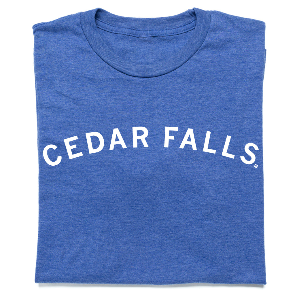 Heather royal crew-neck T-shirt with the text CEDAR FALLS printed in white across the chest.