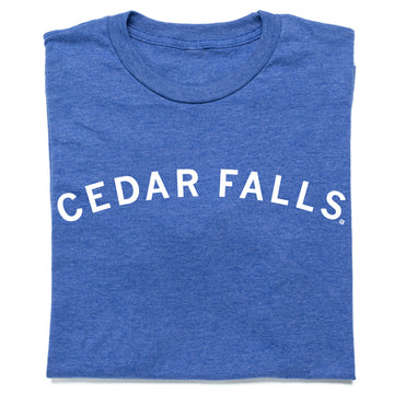 Heather royal crew-neck T-shirt with the text CEDAR FALLS printed in white across the chest.
