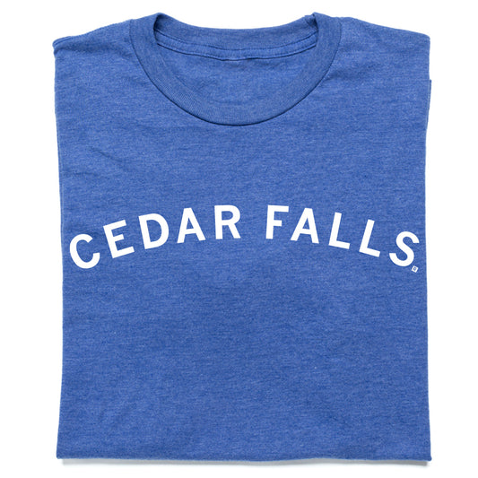 Heather royal crew-neck T-shirt with the text CEDAR FALLS printed in white across the chest.