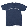 Union-made, heather denim blue t-shirt with CEDAR RAPIDS printed in a white arched font across the chest.