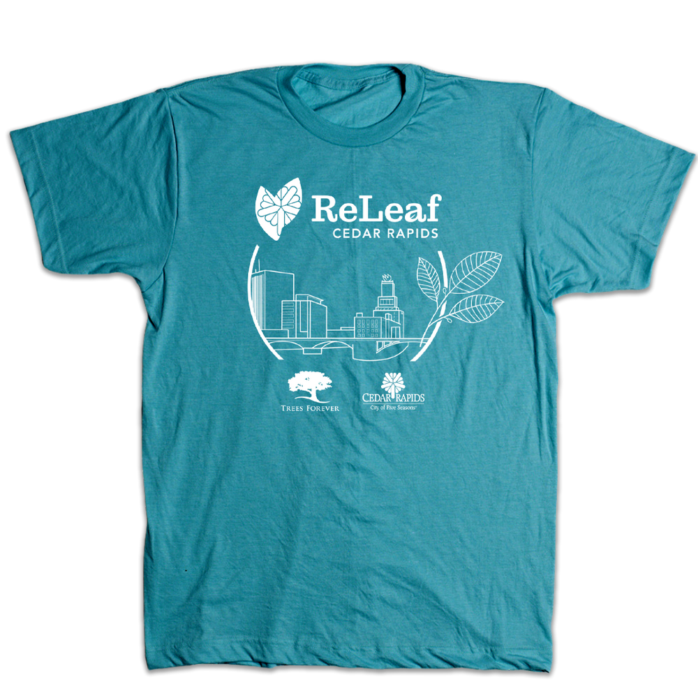 A teal t-shirt with white ink print depicting the Cedar Rapids skyline with text above that says, "ReLeaf Cedar Rapids" and below with the Trees forever logo and Cedar Rapids City of Five Seasons logo.