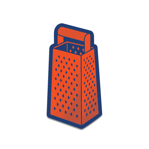 A die-cut sticker of an orange and navy cheese grater.