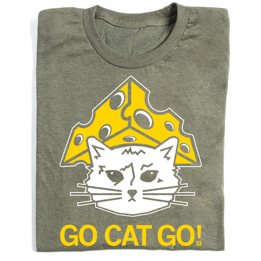 Military green T-shirt featuring a white cat wearing a yellow wedge of Swiss cheese as a hat, with the text GO CAT GO! underneath.
