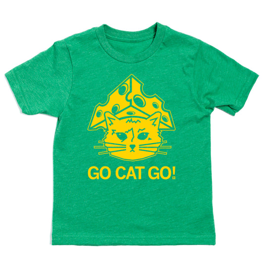 Kelly green short-sleeved t-shirt with a yellow graphic of a cat wearing a piece of Swiss cheese as a hat and the text GO CAT GO! below it.