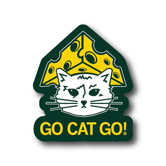 A white cat wears a yellow wedge of Swiss cheese as a hat above the text GO CAT GO! on this dark green RAYGUN vinyl sticker.