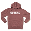 Dusty rose RAYGUN hooded sweatshirt with a white CHEFS logo printed on the chest.