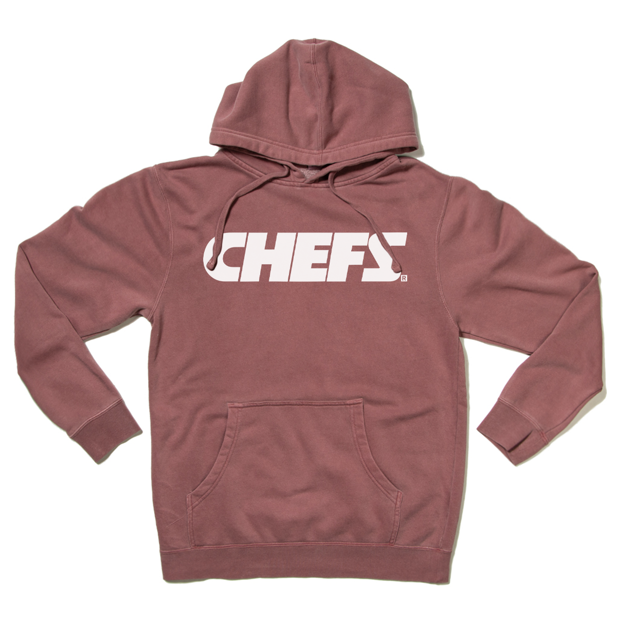 Dusty rose RAYGUN hooded sweatshirt with a white CHEFS logo printed on the chest.